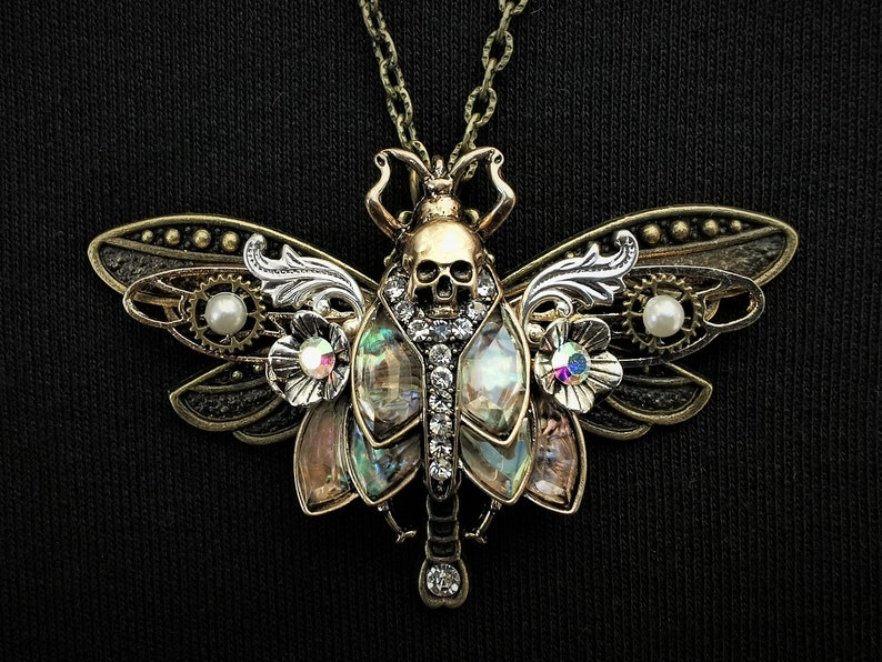 Gothic Art nouveau Death's Head Hawkmoth and bronze dragonfly Goth pendant necklace abalone-style inlays, half pearls, & rhinestones image 1