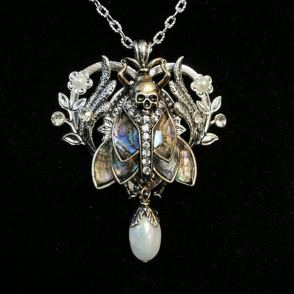 Gothic Art Nouveau Death's Head Hawkmoth silver heart pendant necklace - Steampunk Goth necklace jewellery gift with abalone-style moth