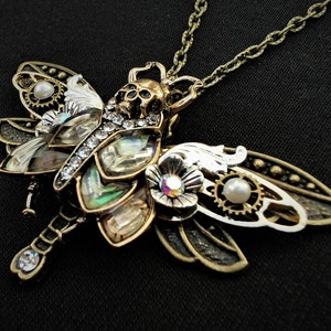 Gothic Art nouveau Death's Head Hawkmoth and bronze dragonfly Goth pendant necklace abalone-style inlays, half pearls, & rhinestones image 3