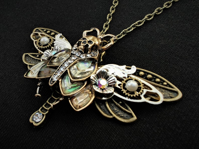 Gothic Art nouveau Death's Head Hawkmoth and bronze dragonfly Goth pendant necklace abalone-style inlays, half pearls, & rhinestones image 3