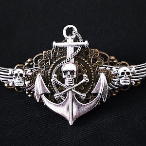 Steampunk Pirate Brooch: Goth Winged Skull & Crossbones Anchor Pin