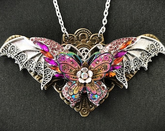 NEW! - Gorgeous Gothic Goth Steampunk Fae Fairy Pendant Necklace with iridescent butterfly, purple crystal butterfly, antique silver wings