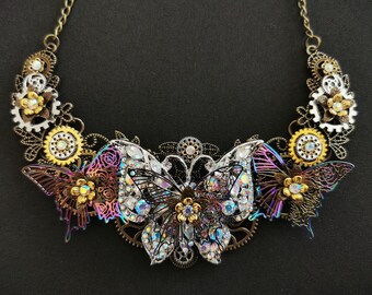 NEW! - Beautiful Steampunk Fae Fairy Butterfly Articulated Necklace + rhinestone diamante crystals, iridescent butterflies, flowers & gears