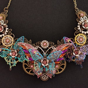 Iridescent Butterfly Steampunk Necklace: Fae Fairy Crystal Gear Jewelry