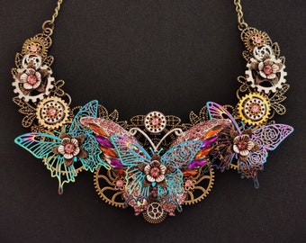 NEW! - Stunning Iridescent Steampunk Fae Fairy Butterfly Articulated Necklace with crystal and iridescent butterflies, flowers and gears