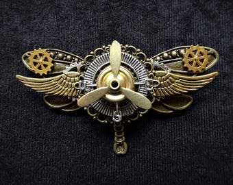 Fantasy Steampunk Airship Pilot Aviator Bronze Dragonfly Explorer Pin Badge Brooch with silver compass & rotating gold propeller charms