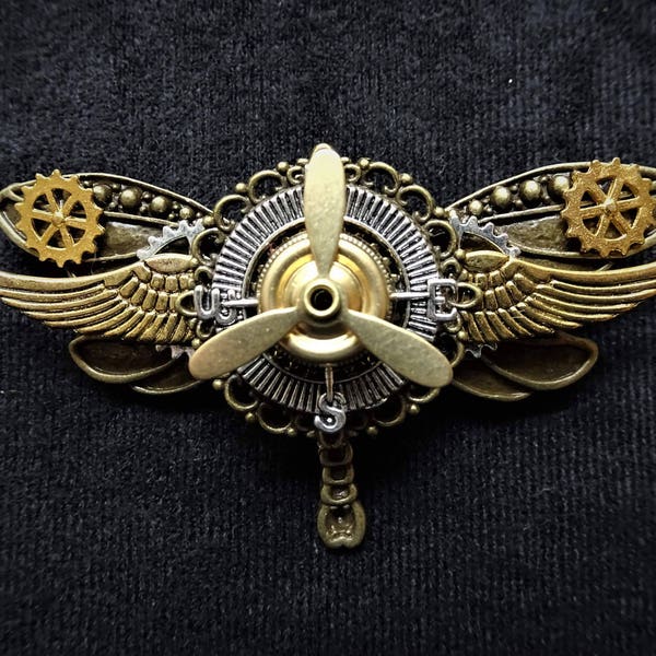 Fantasy Steampunk Airship Pilot Aviator Bronze Dragonfly Explorer Pin Badge Brooch with silver compass & rotating gold propeller charms