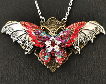 NEW! - Gorgeous Gothic Goth Steampunk Fae Fairy Pendant Necklace with iridescent butterfly, red crystal butterfly, antique silver wings