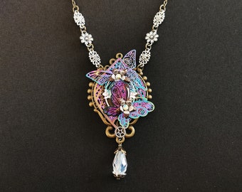 NEW! - Beautiful Steampunk Fae Fairy Butterfly Pendant Necklace with purple, pink & turquoise iridescent butterflies, flowers + crystal drop