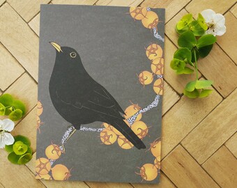 Blackbird & king A6 hawthorn greetings card