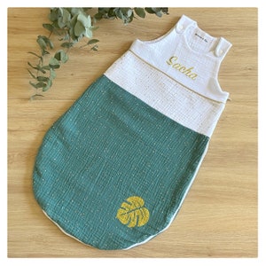 Personalized baby sleeping bag, in double cotton gauze, gold polka dots and eucalyptus, mint, sea green.