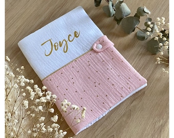 Personalized health book cover, blush pink cotton gauze with gold and white polka dots. Original birth gift.