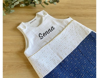 Personalized baby sleeping bag, in double cotton gauze, gold polka dots and navy blue