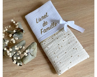 Protège Livret de Famille personnalisé / Housse de protection, double gaze de coton beige à pois dorés/ Cadeau de mariage/naissance original