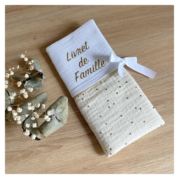 Protege Libro de Familia Personalizado / Funda protectora, doble gasa de algodón beige con lunares dorados / Regalo original de boda/nacimiento