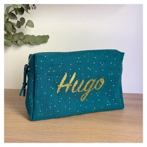 Large personalized toiletry bag, mixed in double peacock gauze, duck blue, with gold polka dotsBaby care.