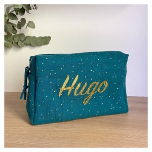 Grande trousse de toilette personnalisée, mixte en double gaze de paon, bleu canard, à pois dorésSoin de bébé.