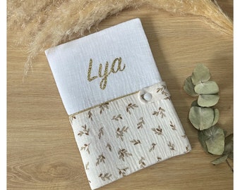 Personalized health book cover, double white cotton gauze and small sage foliage. Small leaves. Ideal birth gift.