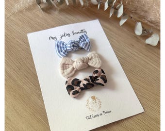 Lot de trois jolies barrettes noeuds, marinière, beige et léopard. Gaze de coton. Barrettes anti glisse. Cheveux fins. crocodile / clic clac