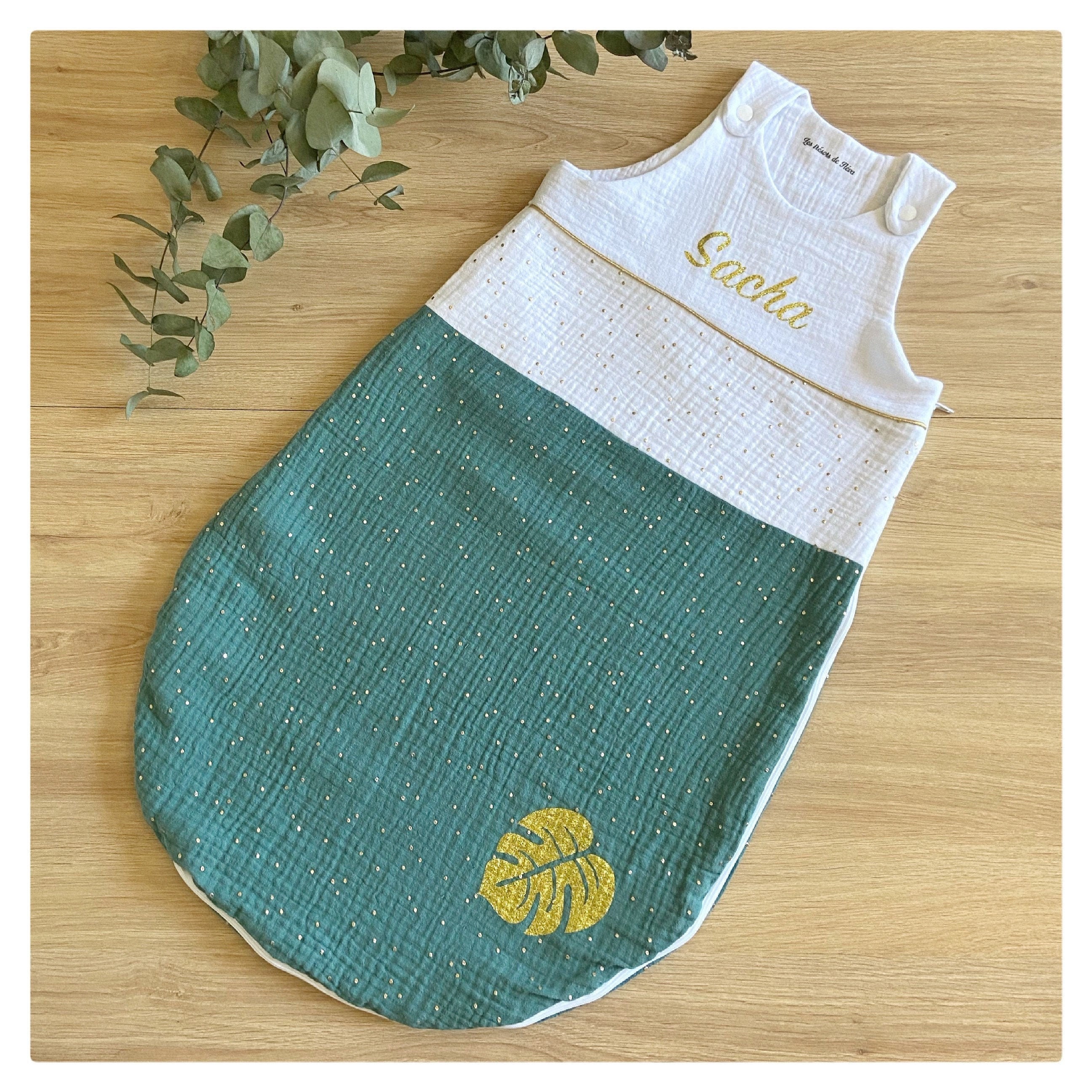 Gigoteuse Turbulette Bebe Personnalisée, en Double Gaze de Coton, Pois Doré et Eucalyptus, Menthe, V