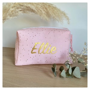 Toiletry bag, double cotton gauze, blush pink with gold polka dots, customizable. Baby care.