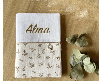 Personalized health book cover, double white cotton gauze and small sage foliage. Small leaves. Ideal birth gift.