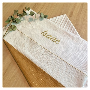Personalized baby blanket, in Camel cotton gauze and comforter fabric