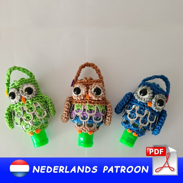 Hand gel case with tin tabs crochet pattern owl - case for sanitizer - Hand sanitizer keychain PDF ENGLISH- DUTCH