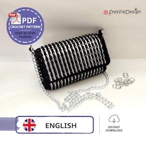 Op de afbeelding: Zwarte en zilveren gehaakte handtas met een zilveren kettingriem. De tas is gemaakt van zwart garen en zilveren treklipjes. De afbeelding bevat de tekst "PDF Crochet Pattern Step-by-Step Photos" en "Instant Download".