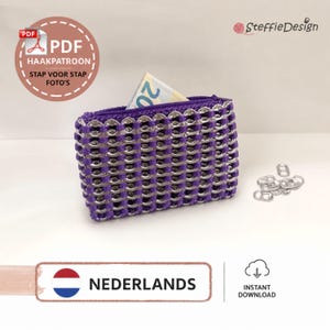 May include: A handmade purple wallet crafted from recycled aluminum can tabs. The wallet has a zipper closure and a silver metal trim. A twenty-dollar bill is partially visible inside. The image also includes the text "PDF" and "Instant Download".