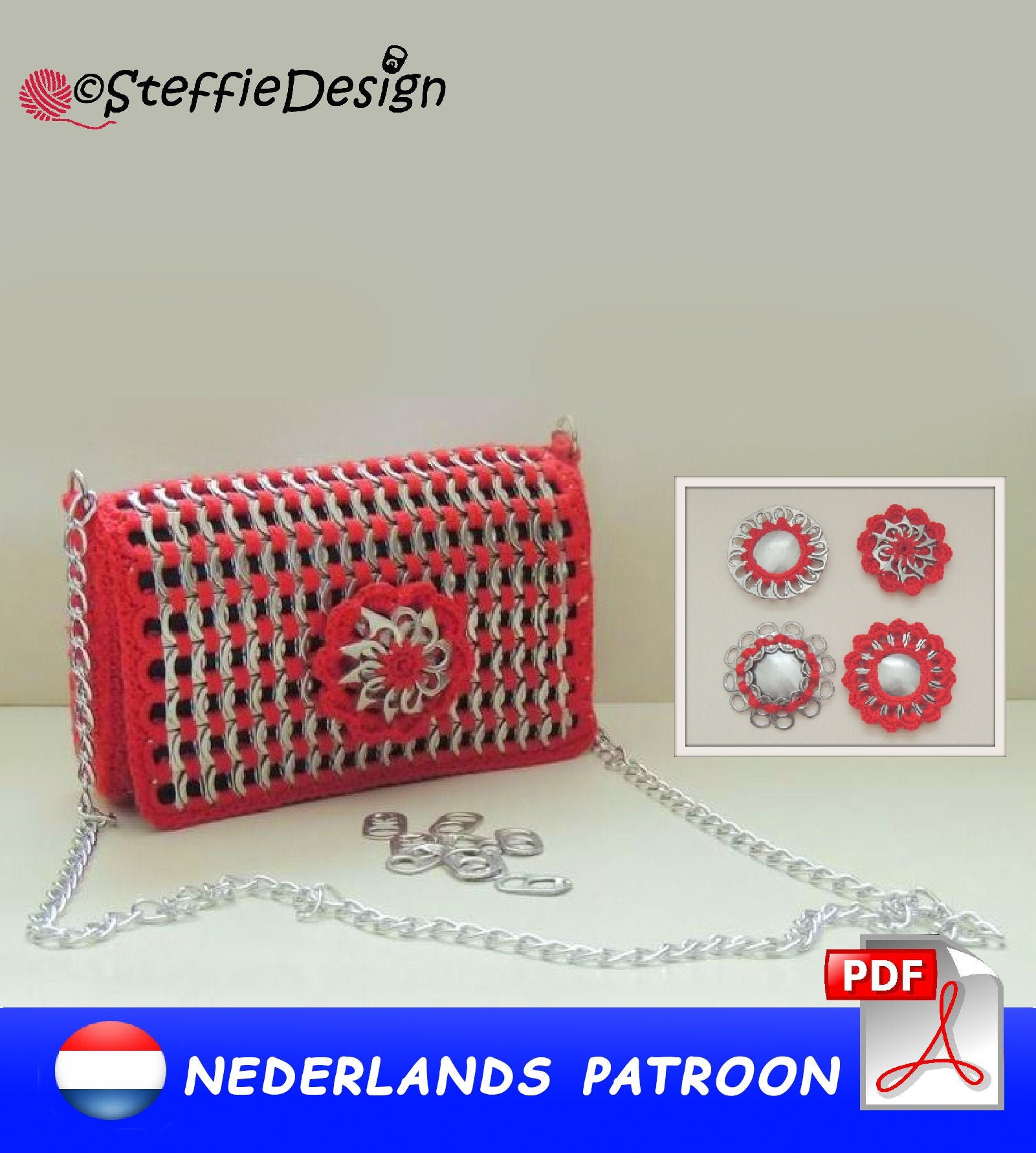 Pop tab purse with replaceable flower crochet pattern PDF NEDERLANDS - DUTCH *not English*