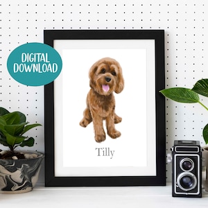 May include: Digital download of a watercolor painting of a brown dog with the name Tilly written below the dog.