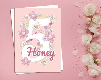 Personalized 5th Birthday Card: Floral Girl Birthday