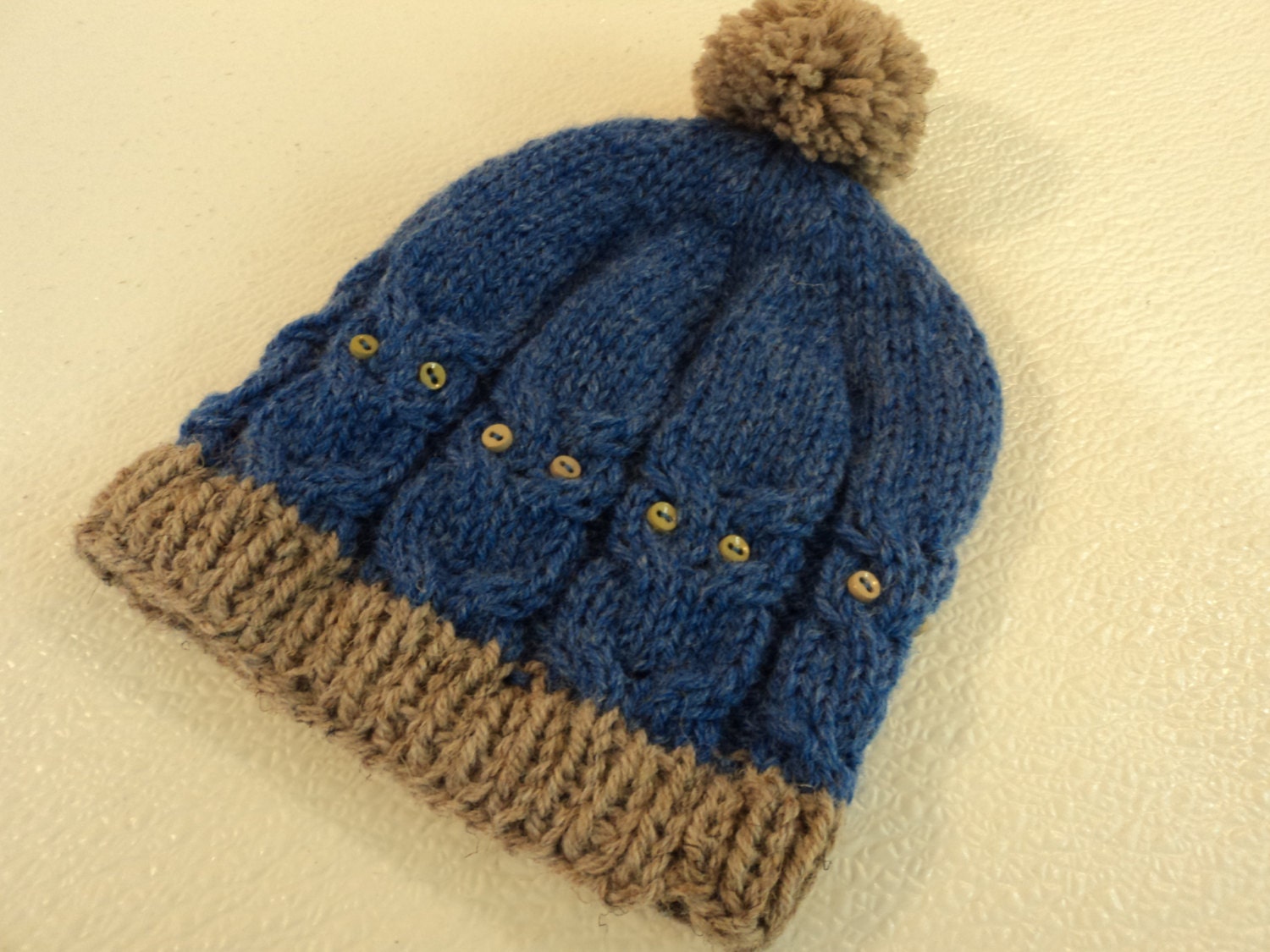 Handcrafted Knitted Baby Hat Blue/Gray Owl Pom Pom 100% Wool Male 9-12 months