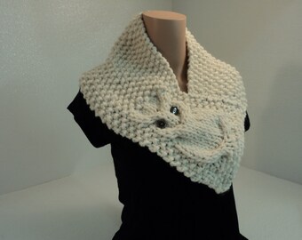 Handcrafted Cowl Wrap Owl Cream Textured Acrylic Wool Rayon Blend Female Adult
