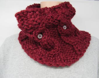 Handcrafted Knitted Cowl Wrap Cranberry Acrylic/Wool Owl Buttons Female Adult