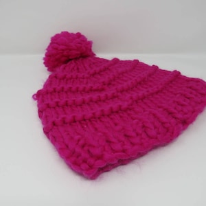 Handcrafted Knitted Hat Beanie Hot Pink Pom Pom 100% Merino Wool Female Adult