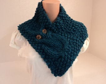 Handcrafted Cowl Wrap Owl Teal Textured 100% Merino Wool Female Adult