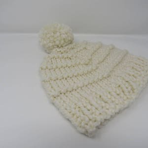 Handcrafted Knitted Hat Beanie Cream Textured Pom Pom Acrylic Wool Female Adult