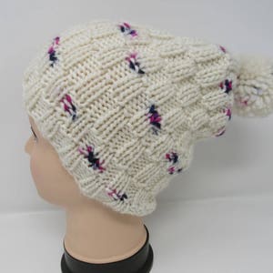 Handcrafted Knitted Hat Beanie Textured Pom Pom 100% Merino Wool Female Adult image 3