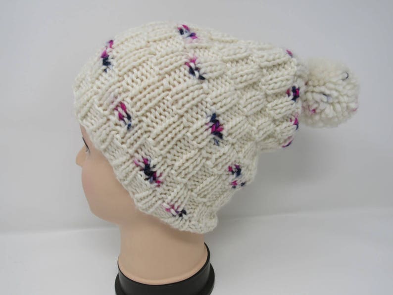 Handcrafted Knitted Hat Beanie Textured Pom Pom 100% Merino Wool Female Adult image 3