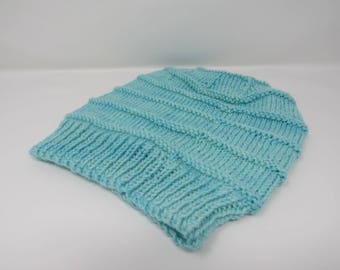 Handcrafted Knitted Hat Beanie Light Teal Textured Merino Cashmere Female Adult