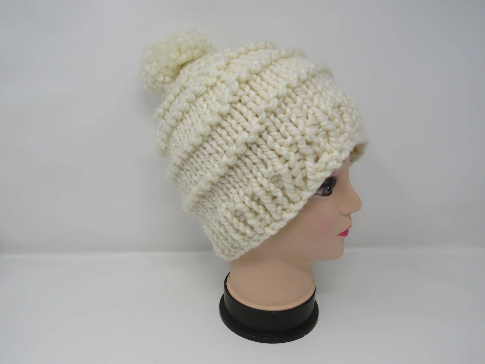 Handcrafted Knitted Hat Beanie Cream Textured Pom Pom  display picture 3