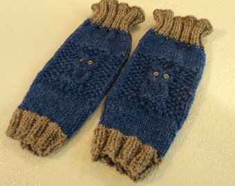 Handcrafted Knitted Baby Leg Warmers Blue/Gray Owl Eye Buttons Male 9-12 months