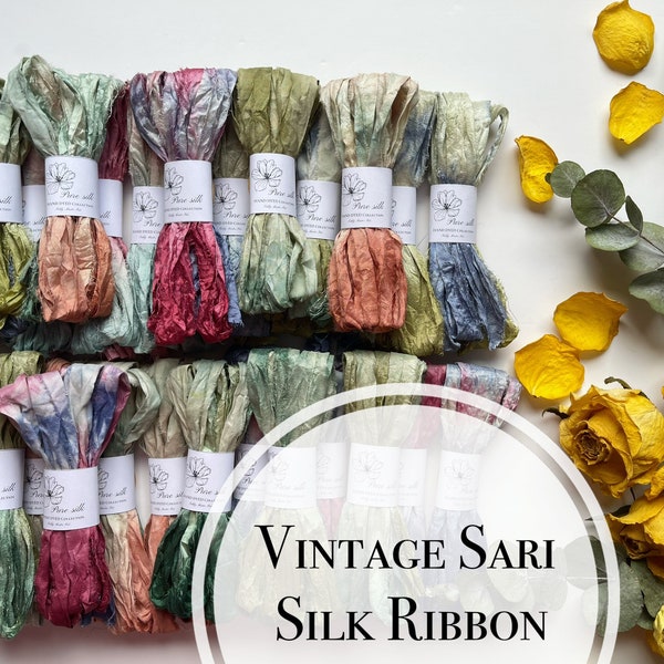 Hand dyed vintage sari silk ribbon 100% pure silk, vintage, hand dyed silk, ribbon for teddy bears, shabby ribbon