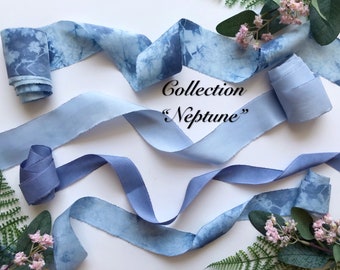 Luxurious hand dyed Marbling Silk Ribbon SET, 100% pure silk, vintage style hand dyed silk