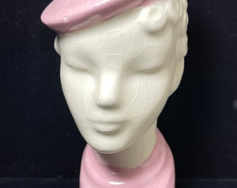 Art Deco Lady Head Vase Block Pottery California USA Pink Hat Beret Scarf Vintage