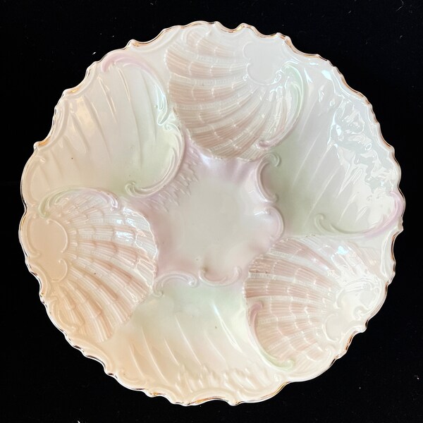 Oyster Plate French Pink Green Shells Porcelain Antique