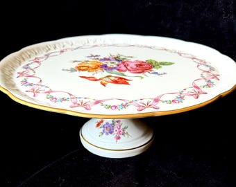 Large Limoges Floral Pedestal Dessert/Cake Plate Stand w/Pink Ribbon & Bows