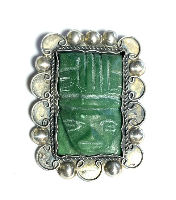 Mexican Sterling Silver Brooch Pin Carved Green Fa